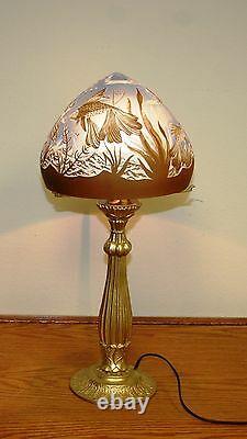 French Style Acid Etched Cameo Glass Daum Nancy Table Lamp / Bronz Base