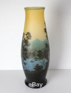 GALLE Tip Cameo Glass Vase, lake scene. Stunning colors from yellow to deep blue