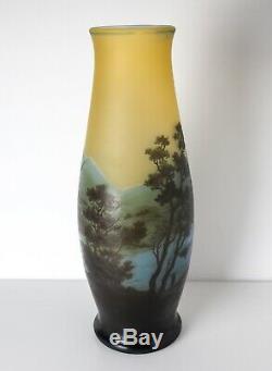 GALLE Tip Cameo Glass Vase, lake scene. Stunning colors from yellow to deep blue