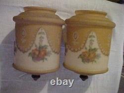 GREAT Pair Signed BELLOVA Czech Deep Cameo Etched Art Glass Lamp Shades Multi Co