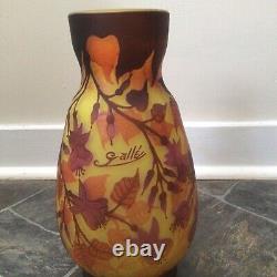 Galle' Cameo Art Glass Embossed Vase with Flowers And Leaves reproduction 10 H