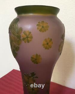 Galle Cameo Art Glass Floral Butterfly Design Vase Large 13 Purple Green