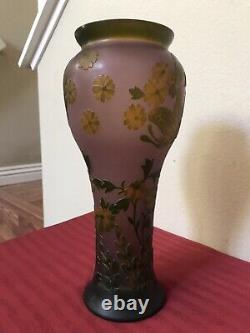 Galle Cameo Art Glass Floral Butterfly Design Vase Large 13 Purple Green