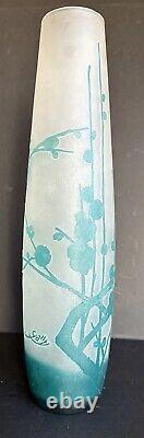 Galle Carved Cameo Art Glass Turquoise & Frosted Cherry Blossom Vase Large 15.5