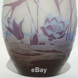 Galle France Aquatic Pond Plants Water Lilies Lotus Acid Etched Cameo Glass Vase