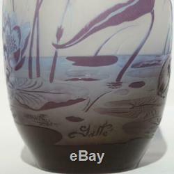 Galle France Aquatic Pond Plants Water Lilies Lotus Acid Etched Cameo Glass Vase