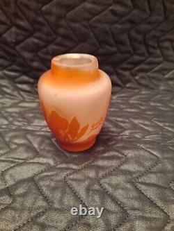 Galle France Cameo Acid Etched Orange Floral 2 Layer Art Glass Bud Vase c. 1900