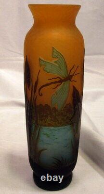 Galle French Cameo Glass Vase With Dragonfly 2 Sides, Scenic Water Floral Decor