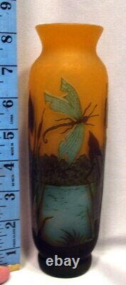 Galle French Cameo Glass Vase With Dragonfly 2 Sides, Scenic Water Floral Decor