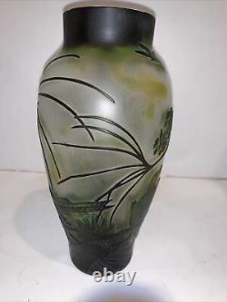 Galle Inspired Art Glass Vase Art Nouveau 8 Etched Cameo Birds Trees Z Mark