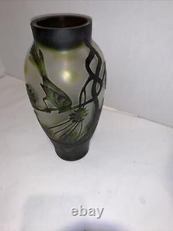 Galle Inspired Art Glass Vase Art Nouveau 8 Etched Cameo Birds Trees Z Mark