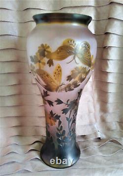 Galle Inspired Vase Art Nouveau Pink Glass Etched Embossed Cameo Butterflies 13