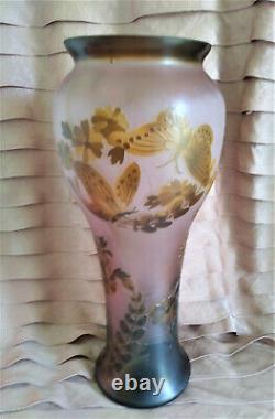 Galle Inspired Vase Art Nouveau Pink Glass Etched Embossed Cameo Butterflies 13