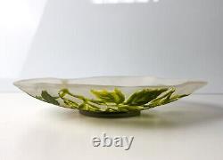 Galle Quatrefoil Art Glass dish, cameo glass cut to clear, frosted, green leaves