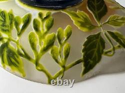 Galle Quatrefoil Art Glass dish, cameo glass cut to clear, frosted, green leaves