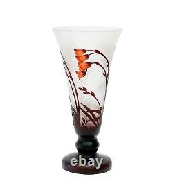 Galle Style Acid Etched Cameo Art Glass Vase Orange Florals 1st half 20th cen