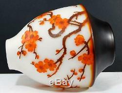 Galle Style Cameo Art Glass Orange Flowering Quince & Branches on White Vase