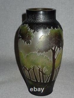 Galle Style Signed French Art Glass Cameo Vase 3 Color Forest Trees Landscape