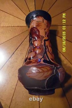 Galle Vase Signed. Gorgeous Cherries Heavy Enameled Glass, Clear Signature