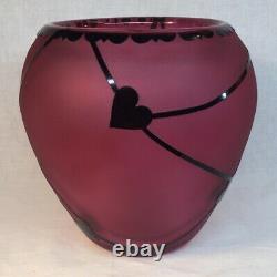 Gibson Art Glass Cranberry / Black Glass Overlay Cameo Sand Carved Hearts Vase