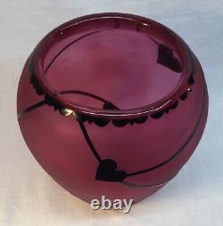 Gibson Art Glass Cranberry / Black Glass Overlay Cameo Sand Carved Hearts Vase