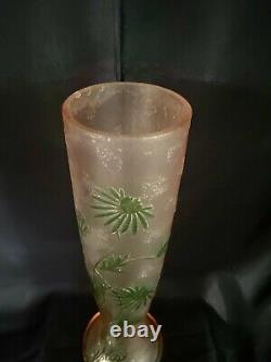 Gorgeous 1900's Legras Cameo Muted Peach and Green Overlay Glass Vase