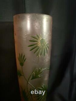 Gorgeous 1900's Legras Cameo Muted Peach and Green Overlay Glass Vase