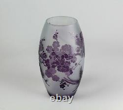 Gorgeous Art Nouveau Acid Cut Cameo Purple BIRDS FROSTED GLASS VASE