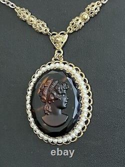 Gorgeous W. Germany Glass Cameo Necklace Pendant Chain Pearls Woman Head Vtg