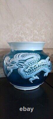 Hammered Cameo Glass Blown Out Vase Chinese Dragon