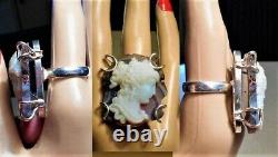 Huge Cameo 925 RING 1890 French Pate de Verre White Glass Victorian Cameo Druzy