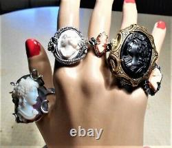Huge Cameo 925 RING 1890 French Pate de Verre White Glass Victorian Cameo Druzy