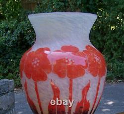 Impressive Degue hand blown cameo art glass vase in exuberant floral motif 19h