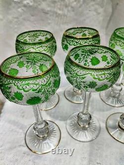 Incredible set 8 green to clear cameo Baccarat glass St. Louis cut glass stems