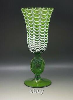 Italy Empoli Glas Nailsea Draped Vase Cameo Medallion Stem 12.5 Green Vintage