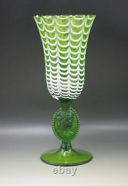 Italy Empoli Glas Nailsea Draped Vase Cameo Medallion Stem 12.5 Green Vintage