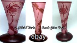 J. Michel Pairs Art Nouveau Original Cameo Glass Vase w Dragonfly & Thistle