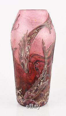 Jonathan Harris silver cameo glass vase on pink ground with fish design, signed