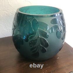 KEN BENSON LS Cameo Art Glass Greenish Blue Teal Leaf Vase Signed
