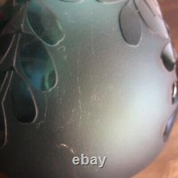 KEN BENSON LS Cameo Art Glass Greenish Blue Teal Leaf Vase Signed