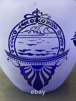 Kelsey Murphy Cobalt Sand Etched Cameo Glass LG Vase Pilgrim Signed 1996 G53034