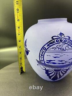 Kelsey Murphy Cobalt Sand Etched Cameo Glass LG Vase Pilgrim Signed 1996 G53034