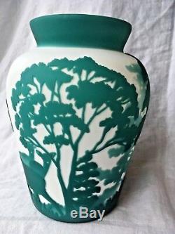 Kelsey Murphy Pilgrim Cameo Glass Vase Deer Green White 3 Layer Sand Carved
