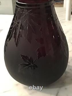 Ken Benson 10 Signed Carved Maple Leaves Purple Amethyst Frosted Art Glass Vase
