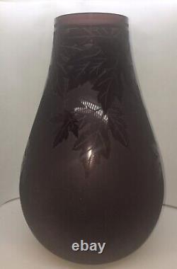 Ken Benson LSSigned PurpleAmethyst Cameo Carved Leaves FrostArt Glass Vase 2-2-Y