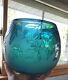 Ken Benson LS Cameo Etched Art Glass Teal Maple Leaf 7 Bowl Vase Signed