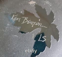Ken Benson LS Cameo Etched Art Glass Teal Maple Leaf 7 Bowl Vase Signed