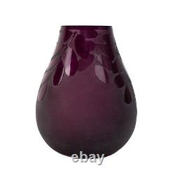 Ken Benson LS Signed Purple Amethyst Cameo Carved Leaves Frosted Art Glass Vase