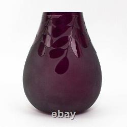 Ken Benson LS Signed Purple Amethyst Cameo Carved Leaves Frosted Art Glass Vase
