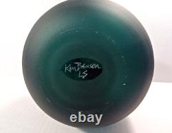Ken Benson LS Signed Teal Blue Green Cameo Carved Olive Branches Art Glass Vase